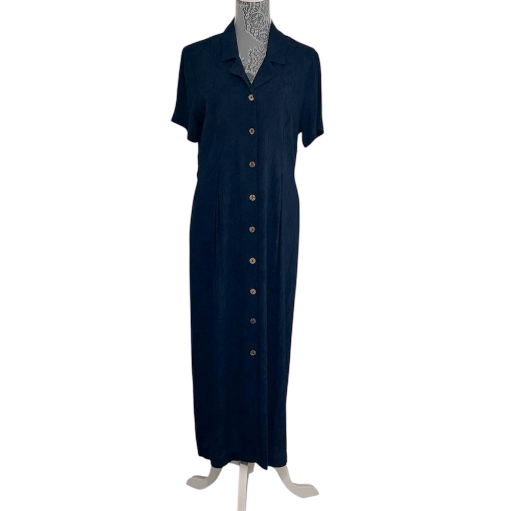 Teddi dresses vintage navy blue short sleeve button front‎ rayon dress. Size 10.